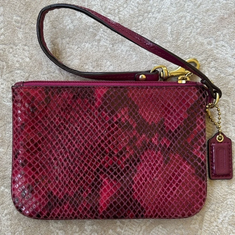 COACH Leather Zippered Wristlet Snakeskin Raspberry Pink Embossed Python Exotic